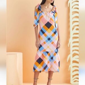 Marie Oliver Maya Linen/Silk Midi Dress Tie Shoulder Plaid  Size M Tiered Hem